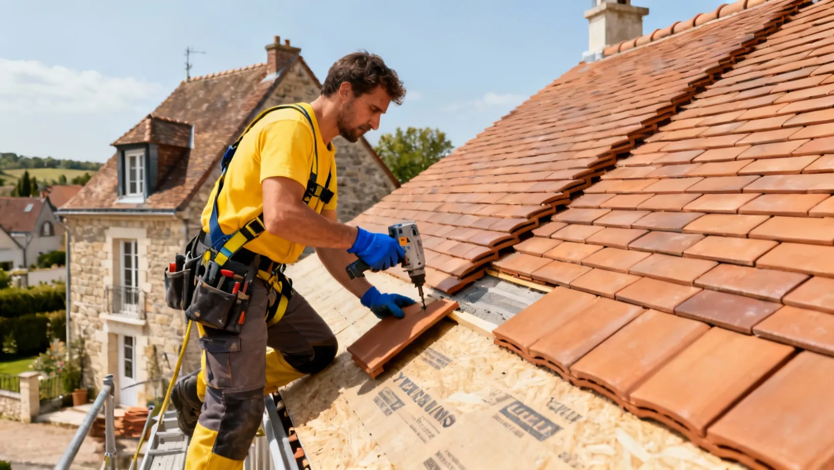 Couvreur professionnel au travail