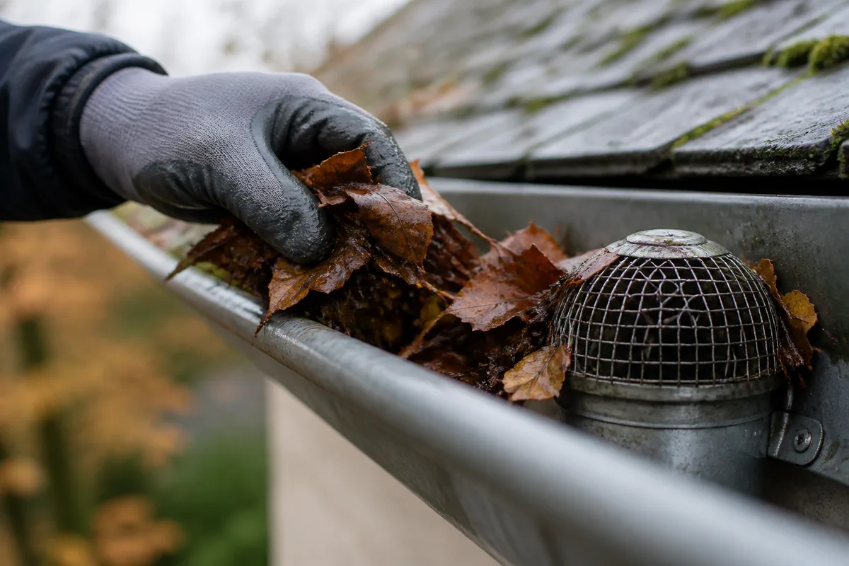 Gouttiere en zinc en cours de curage avec depot de feuilles et crapaudine visible