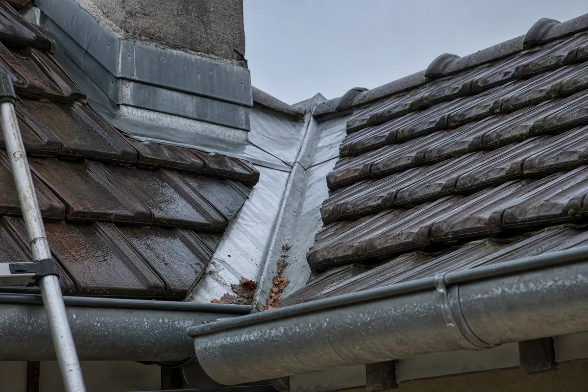 Gouttière en zinc et noue de toiture d’un pavillon francilien après la pluie
