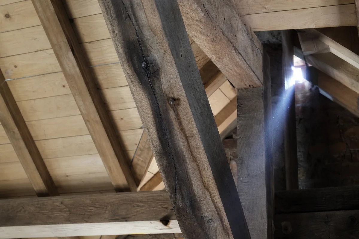 Charpente traditionnelle en chêne d&rsquo;une maison ancienne, chevron marqué par une longue trace d&rsquo;humidité