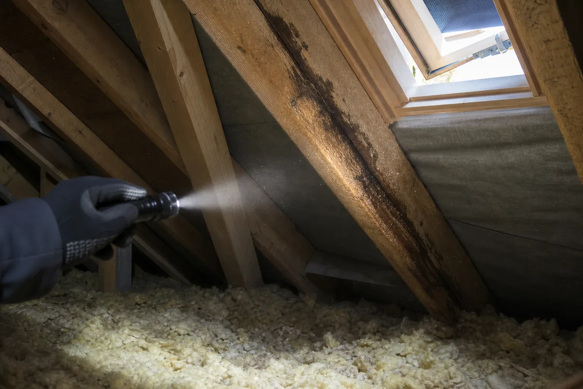 Combles non aménagés éclairés par une lampe torche, trace d&rsquo;humidité visible sur un chevron
