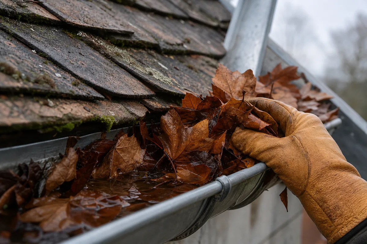 Gouttière en zinc remplie de feuilles mortes sur une toiture en tuile plate à Croissy-sur-Seine