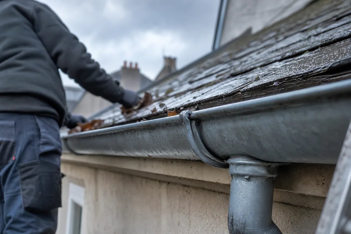 Gouttière demi-ronde en zinc et rive de toiture d&rsquo;une maison de ville après une averse