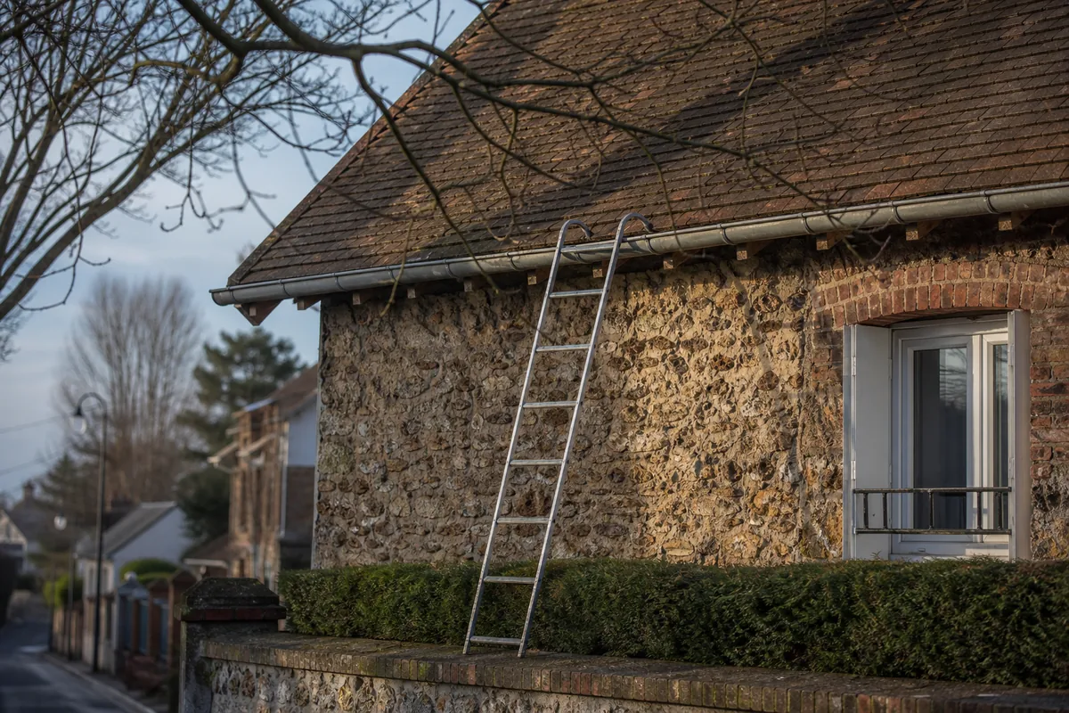 Échelle de toit appuyée sur un pavillon de meulière entre les branches d&rsquo;un grand arbre