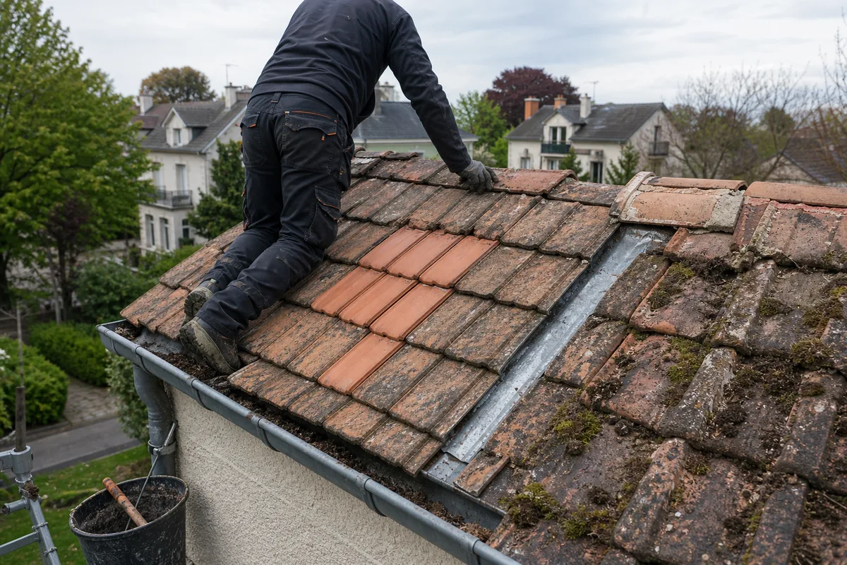 Bâche lestée posée sur un pan de toiture endommagé d’un pavillon francilien