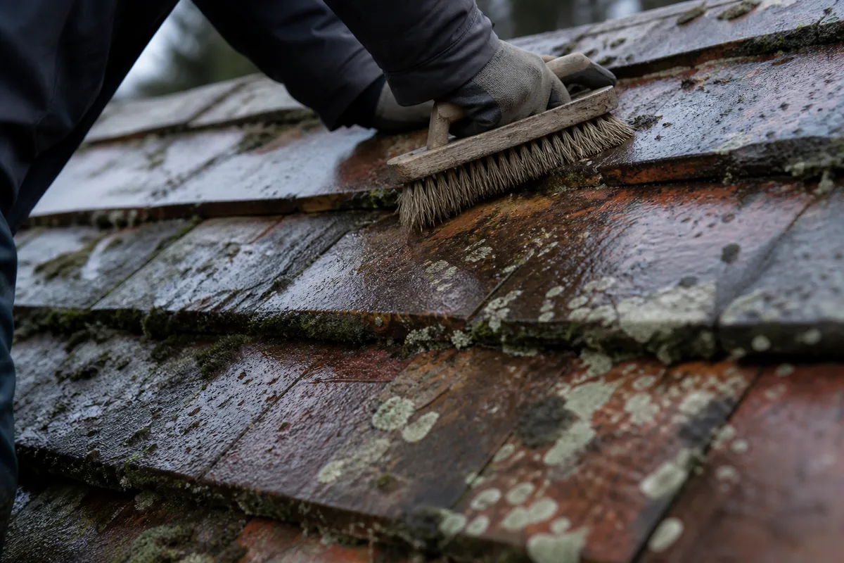 Mousse épaisse logée dans les recouvrements d’une toiture en tuile plate humide