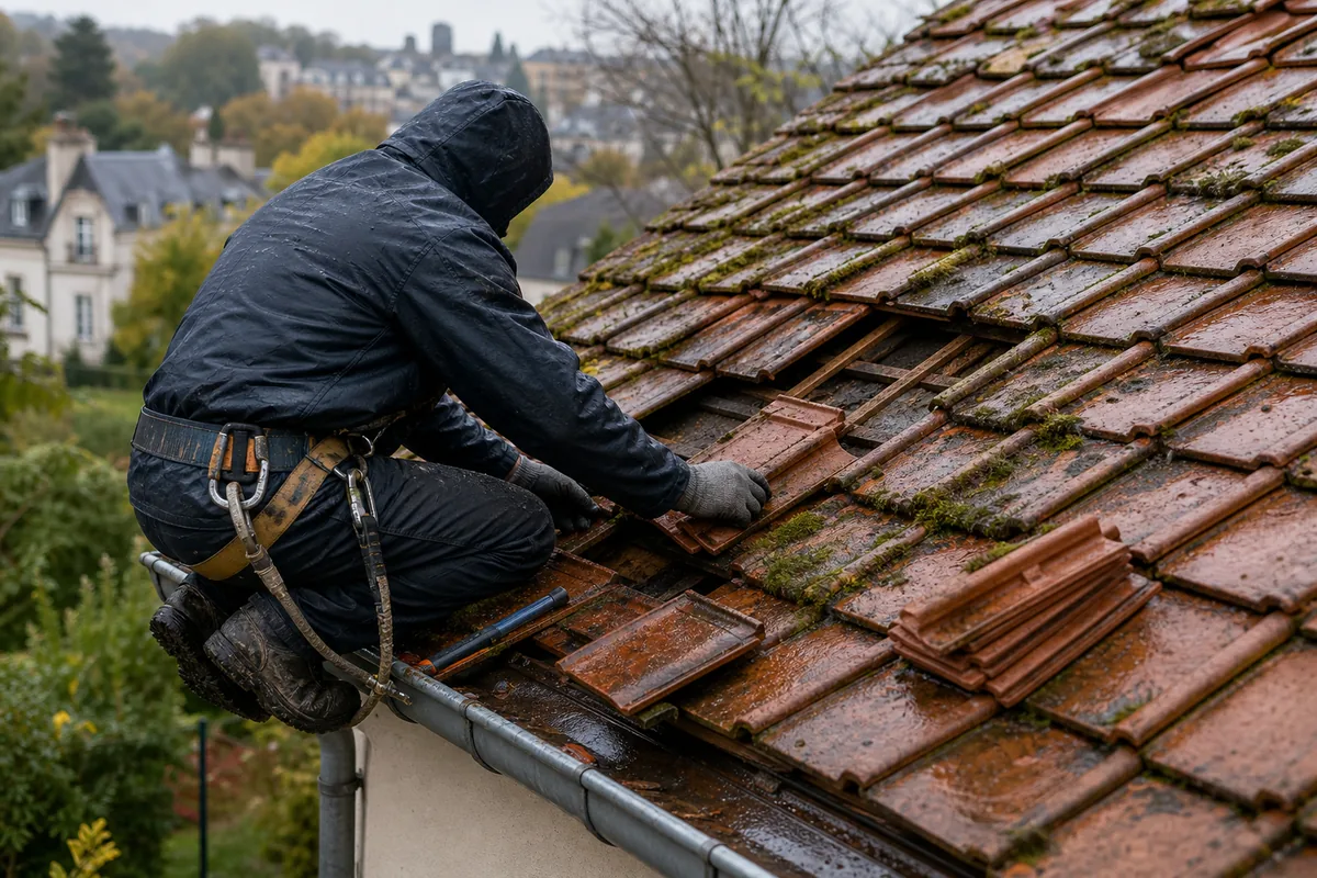 Noue en zinc encombrée de feuilles entre deux pans de tuile plate