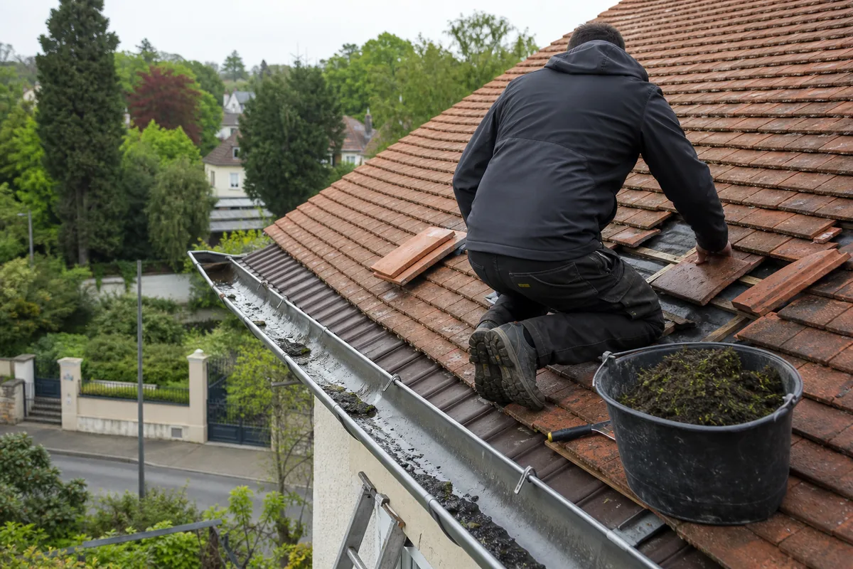 Couvreur de dos inspectant une toiture en tuile plate depuis une échelle de toit
