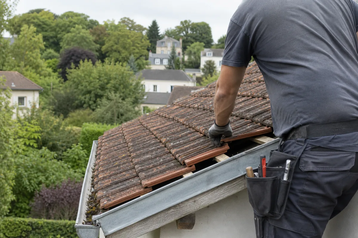 Gouttière demi-ronde en zinc encombrée de feuilles mortes le long d&rsquo;un toit en ardoise