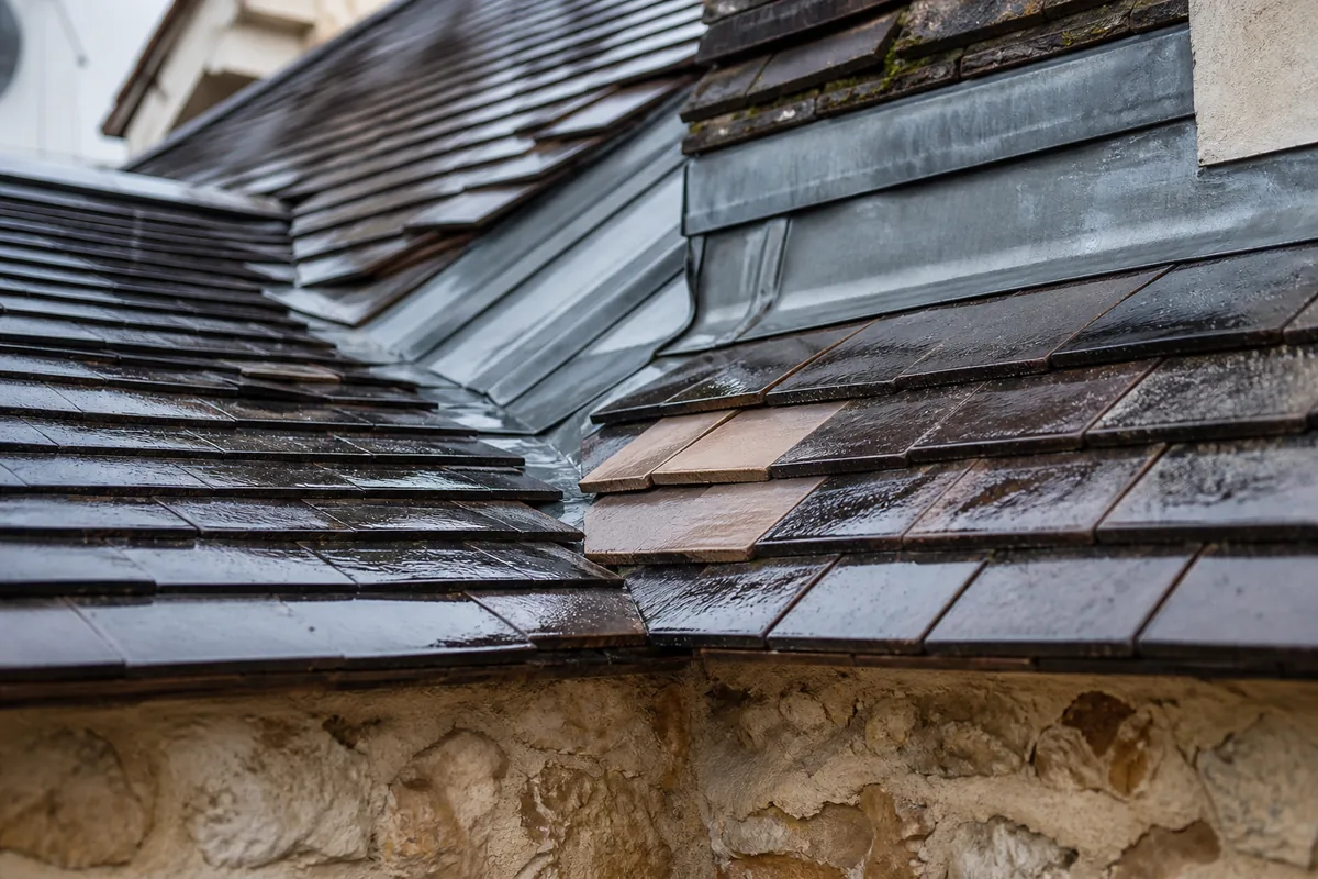 Toiture en tuile plate mouillée et zinguerie en zinc sur un pavillon francilien