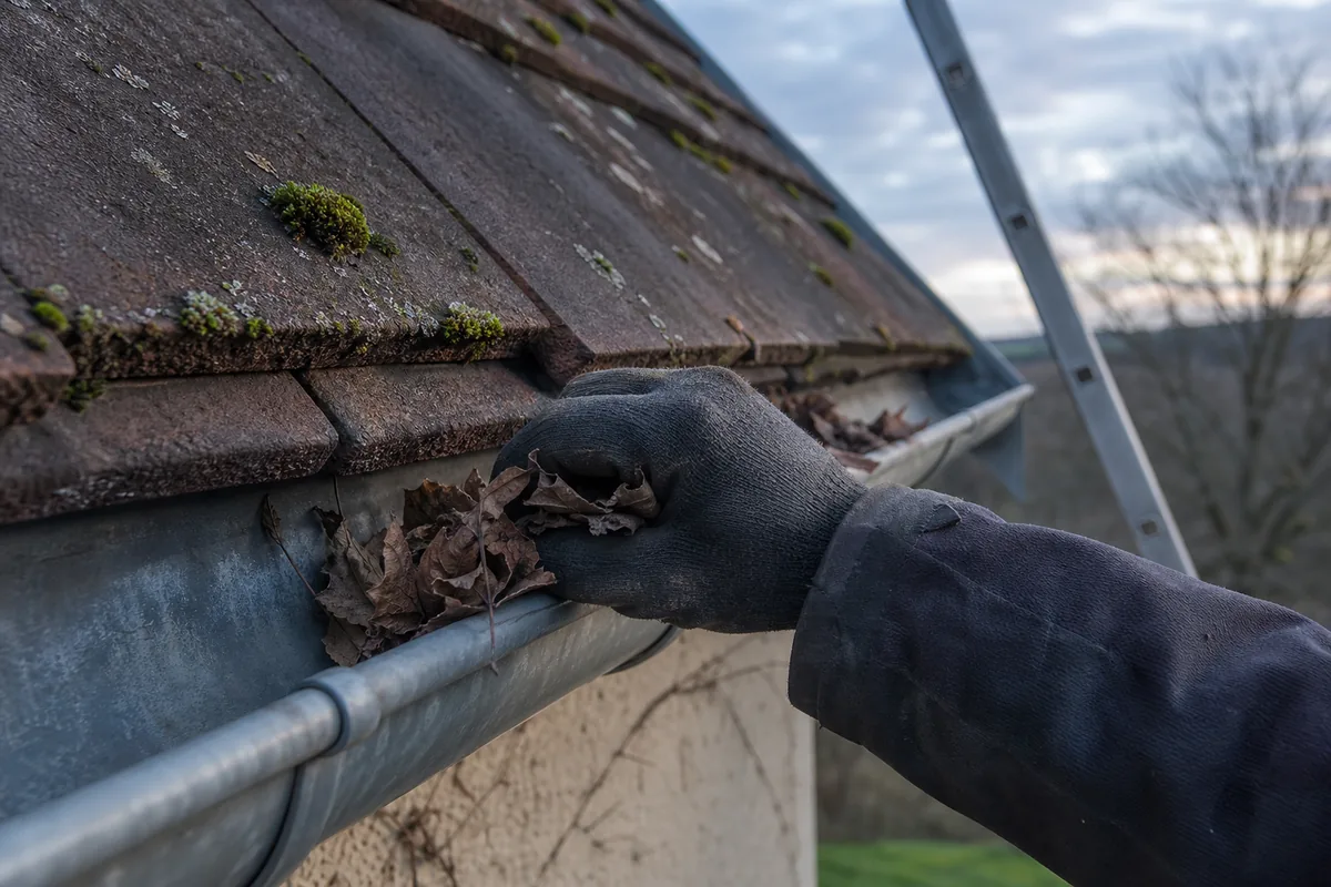Gouttière demi-ronde en zinc et rang bas de tuiles sur une toiture ancienne
